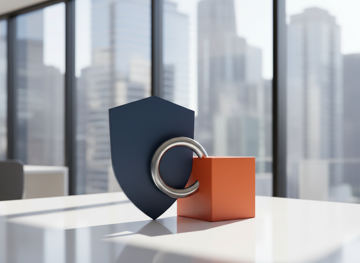 A bold, modern insurance agency concept represented by a sleek arrangement of geometric objects: a tall, matte dark-blue shield sculpture with a crisp edge, a solid orange cube, and a silver metallic ring intersecting in the center of a clean white desk. Behind them, large glass windows reveal an abstract, softly blurred city skyline, suggesting financial security and urban life. Bright, diffused daylight floods the space, casting sharp, confident shadows and crisp reflections on the polished surface. Photographic realism, eye-level composition, with a slight wide-angle lens to emphasize space and transparency. The mood is direct, assertive, and trustworthy, echoing a creative, no-nonsense insurance brand identity.